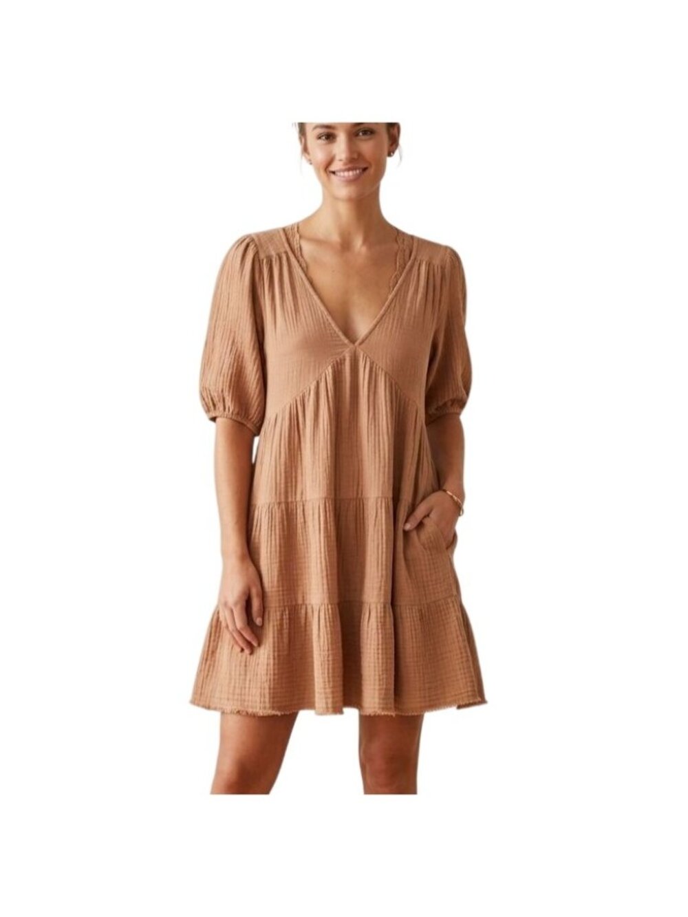 Aerie Tiered Mini Dress Medium Crinkle V-Neck Puff Sleeves Sandy Tan Neutral
